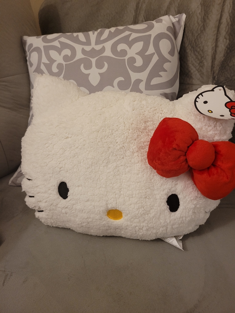 Hello Kitty Plush Face Pillow, White with Red Bows